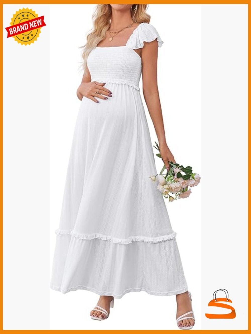 Maternity Boho Maxi Dress Smocked Ruffle Sleeve Baby Shower Photoshoot
